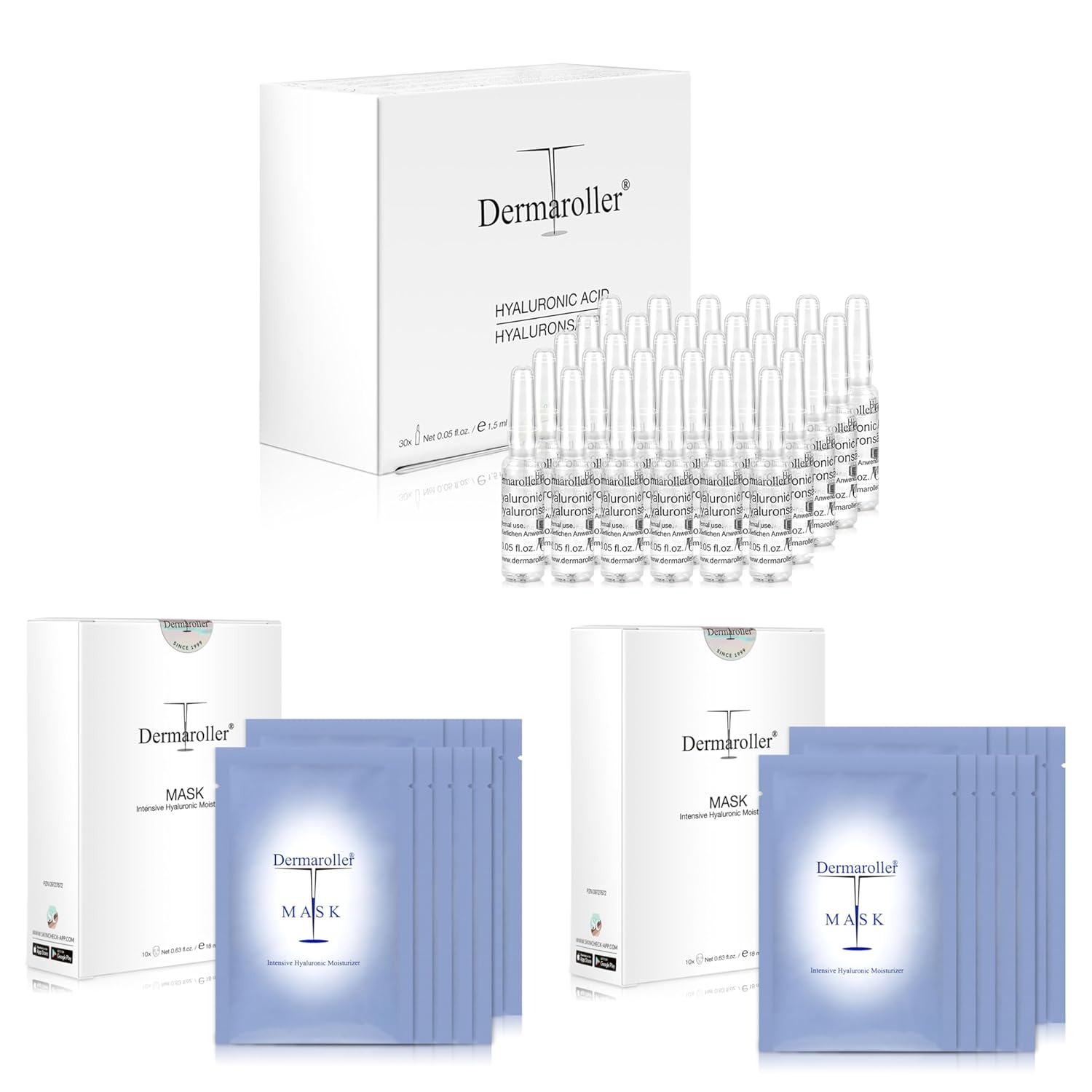 Dermaroller, Silk Face Masks (2 Pack 20pc) with 30 Ampoules Set
