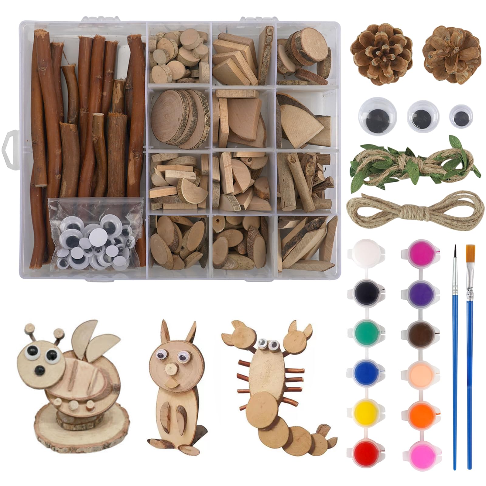 Luabue 167Pcs Wood Slices for Crafts 2-5cm Small Wooden Discs Unfinished Log Wooden Circles Wood Sticks for Crafting Pine Cones Branches Twigs Craft Kit with Paints Brushes for Classroom Art Project