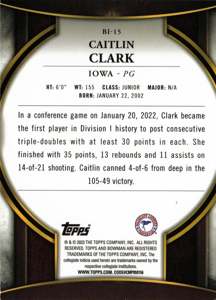 2022-23 Bowman University Chrome Invicta #BI-15 Caitlin Clark Basketball Card Iowa
