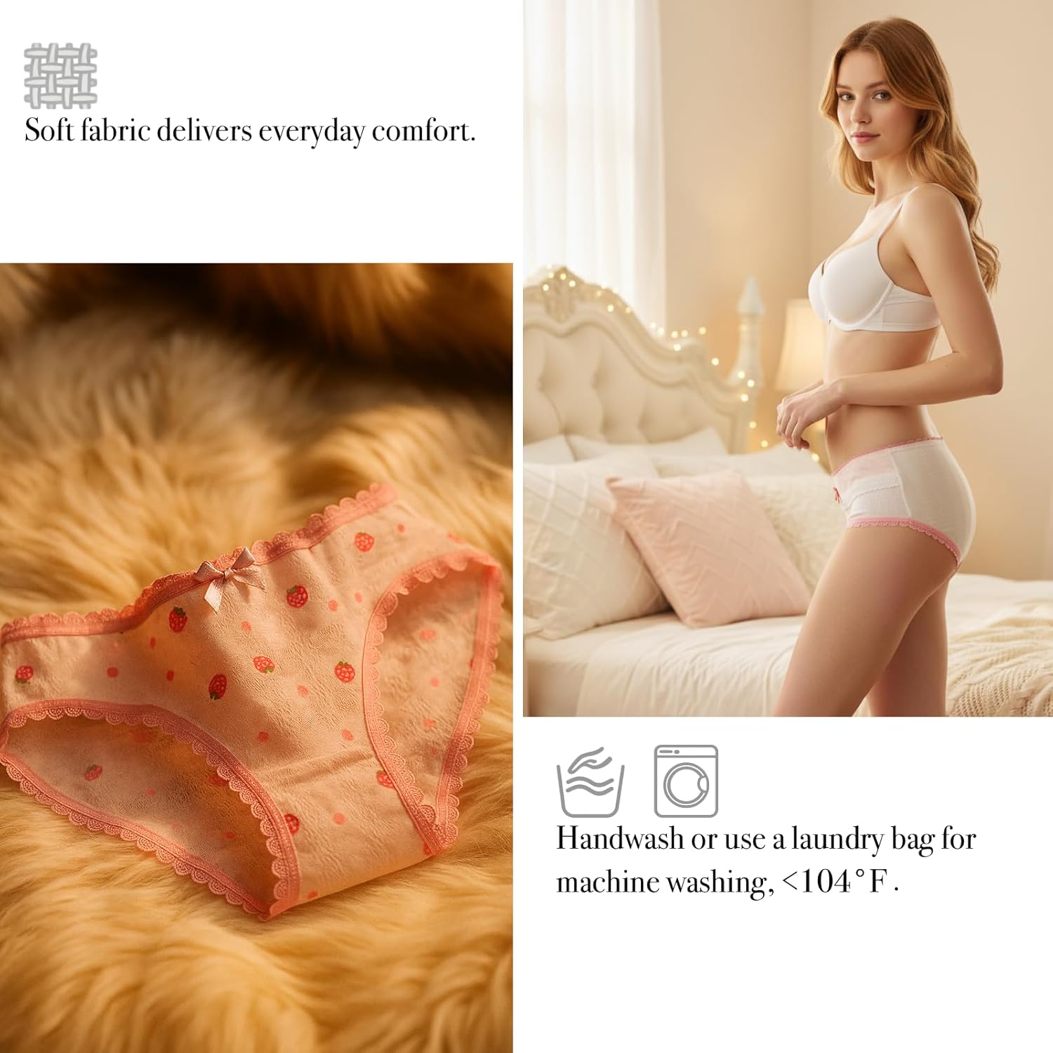 Womens Underwear for Women 5 Packs Panties Cute Cotton Kawaii Japanese-Style Ruffled Strawberry Lace Bow