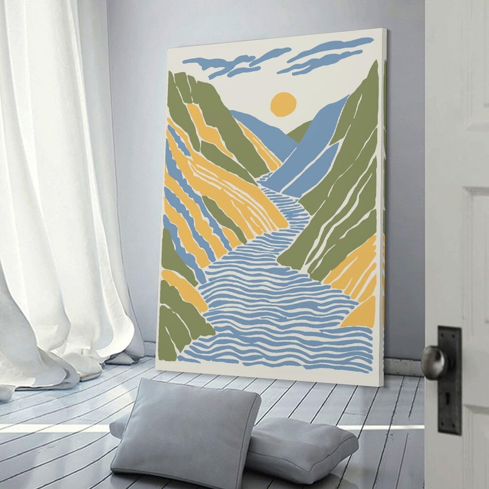 Junmoney Abstract Mountain River Landscape Illustration Canvas Wall Picture 12x18inch(30x45cm), for Study, Office Or Focused Interiors, Home Office Artwork with Decorative Appeal