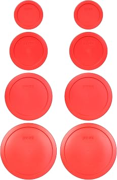 Pyrex 2 7202-PC 1 Cup, 2 7200-PC 2 Cup, 2 7201-PC 4 Cup, 2 7402-PC 6/7 Cup Red Round Plastic Food Storage Lids, Made in USA