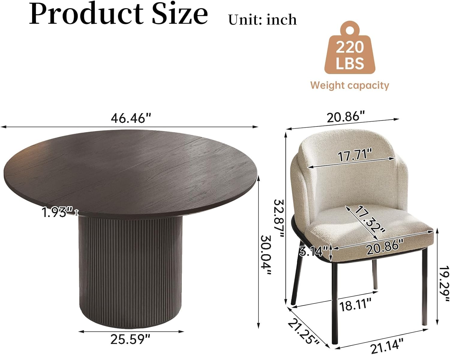 46.46" Round Dining Table with 6 Chairs, Farmhouse Fluted Kitchen Table Set, Modern Circle Dining Table with Chairs Set for Kitchen,Living Room