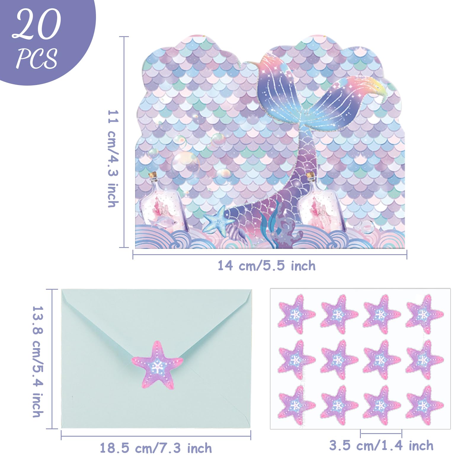 IHCEMIH Confezione da 20 inviti per feste per bambini, biglietti di invito di compleanno per ragazzi e ragazze, a forma di sirena, con buste abbinate, adesivi per bambini