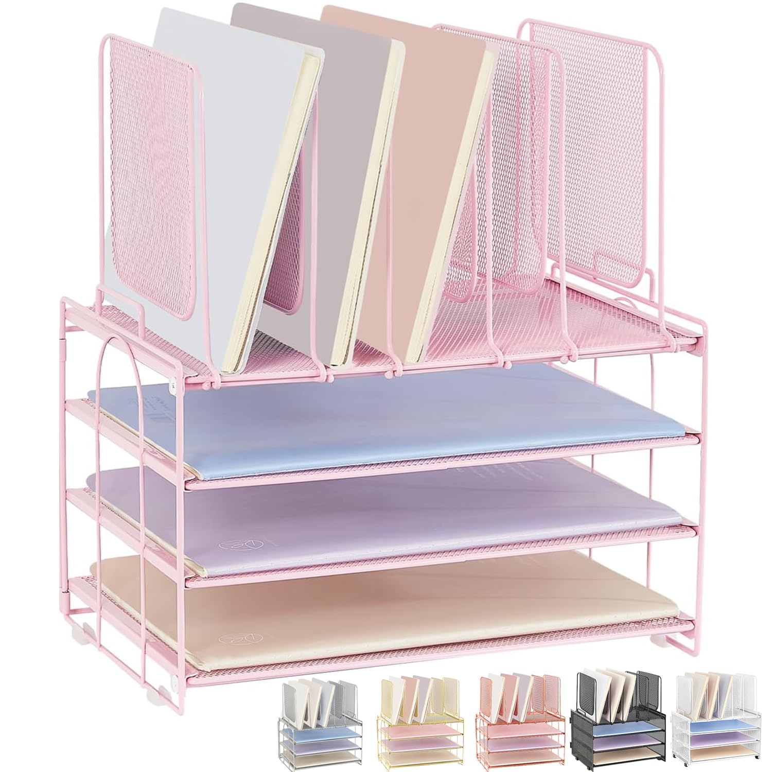 Photo 1 of Paper Desk Organizer, 3-Tier Letter Tray with 5 Vertical File Holders, Multifunction Desk Organizer, Desktop File Folder Organizer, Desk Organizers and Accessories for Home Office(Pink)