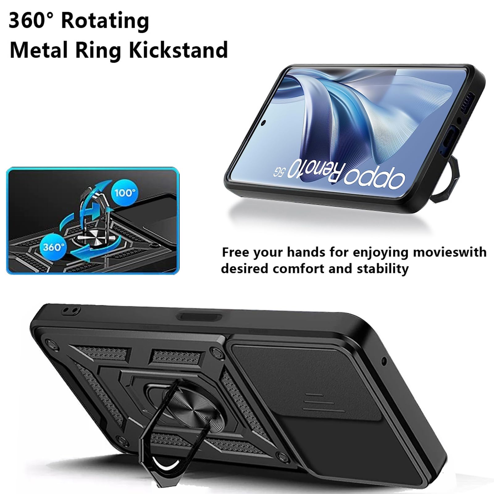 Custodia Per Oppo Reno 10 / Reno 10 Pro 5G Con Protezione Fotocamera E Anello Metallico | Cover Militare Antiurto In Silicone TPU | Nero