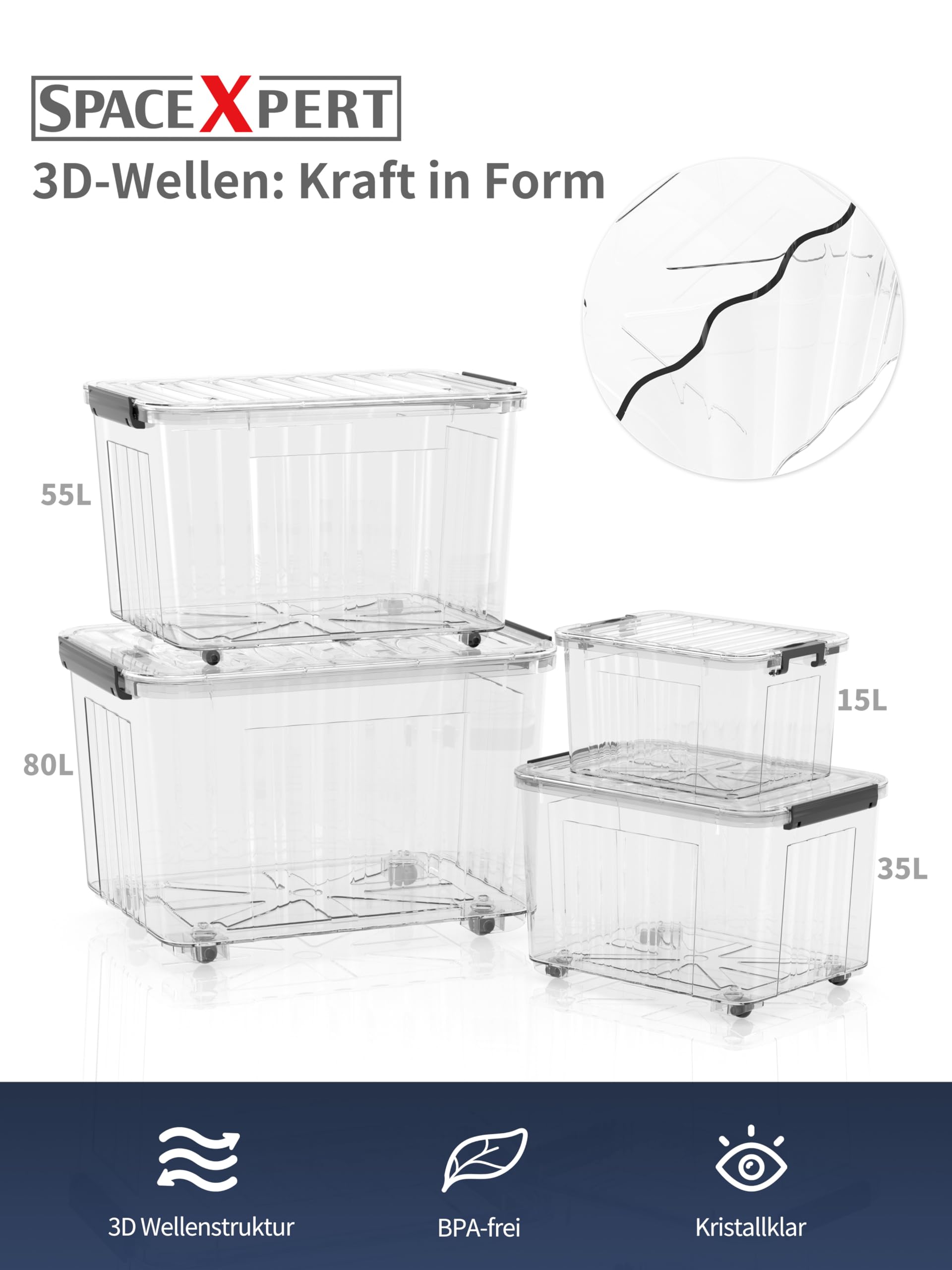 Scatole Portaoggetti, Casse di stoccaggio 80L, Contenitori in Plastica con Coperchio e Ruote, a Righe, Trasparente, Impilabile, Antipolvere, per Casa, Ufficio e Garage, 80L, Set di 6