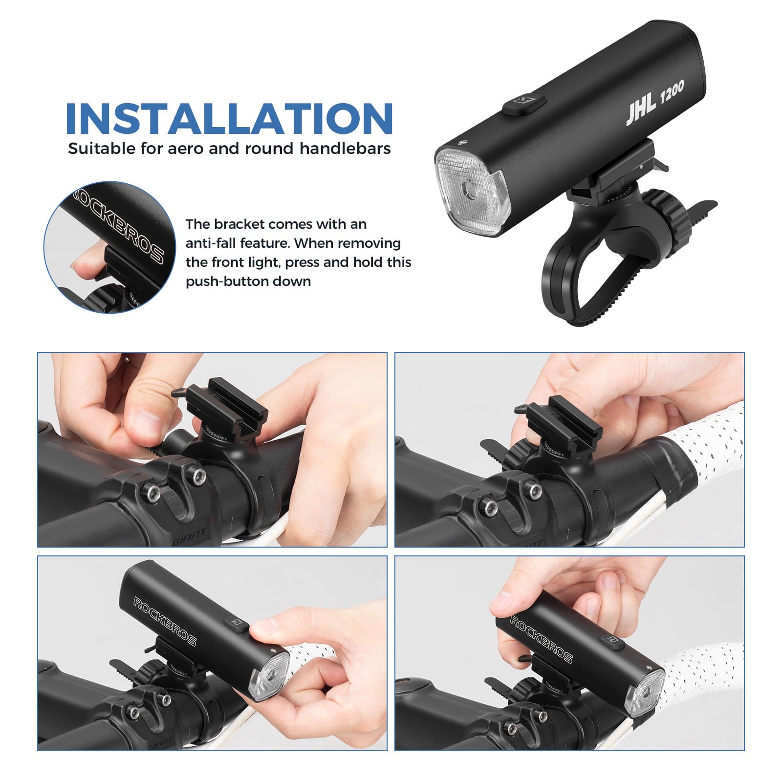 ROCKBROS Luce Bici Luce Bicicletta Anteriore LED 1200 Lumens con 4 modalità di Illuminazione, Ricaricabile USB Batteria 5000 mAh, Impermeabile IPX6, Fanali per Bici da Corsa MTB Ciclismo
