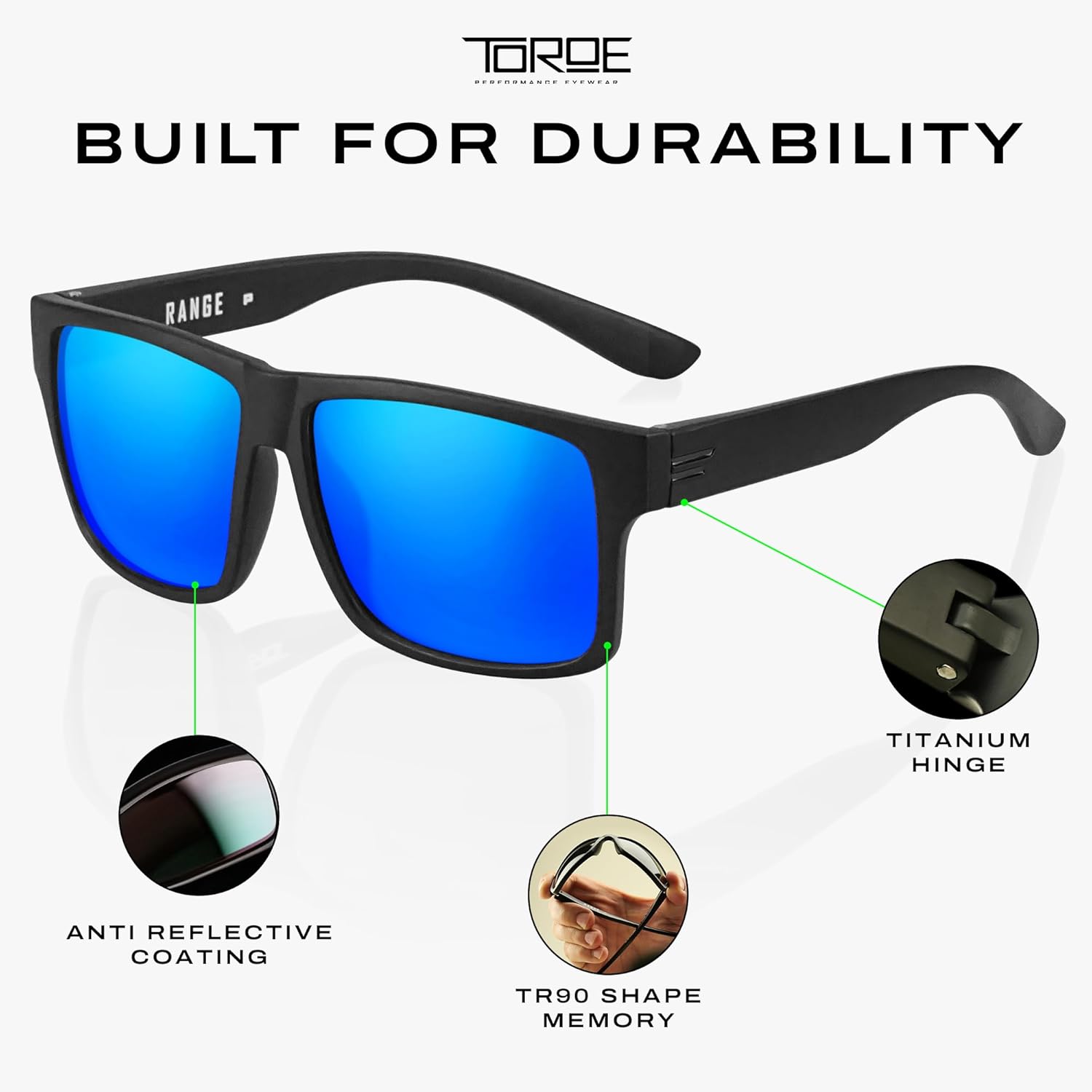 TOROE TR90 Square Frame Grade A Polarized Black Emblem Sunglasses with Anti Reflective Water Repellent Polycarbonate Lenses - Image 5