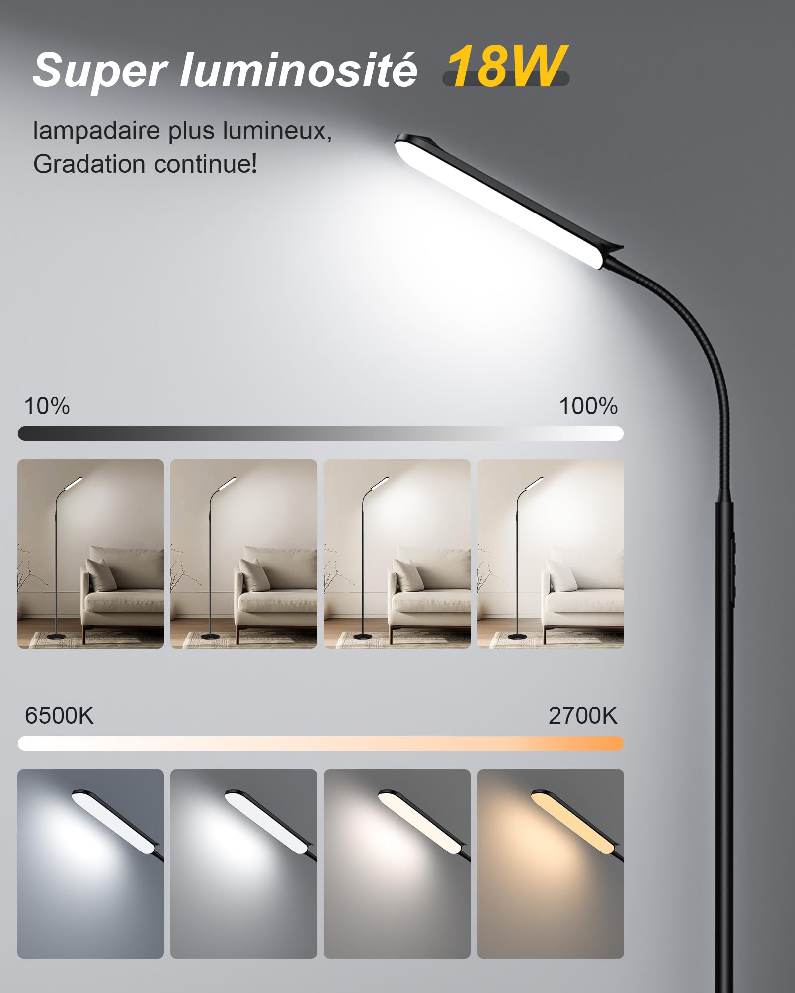Lampe sur Pied, Lampadaire LED 18W 2200LM avec Télécommande et Contrôle Tactile, Dimmable Linéaire Température Couleur et Luminosité, Minuterie 1-Heure, Lampadaire Flexible à Col de Cygne (18W)
