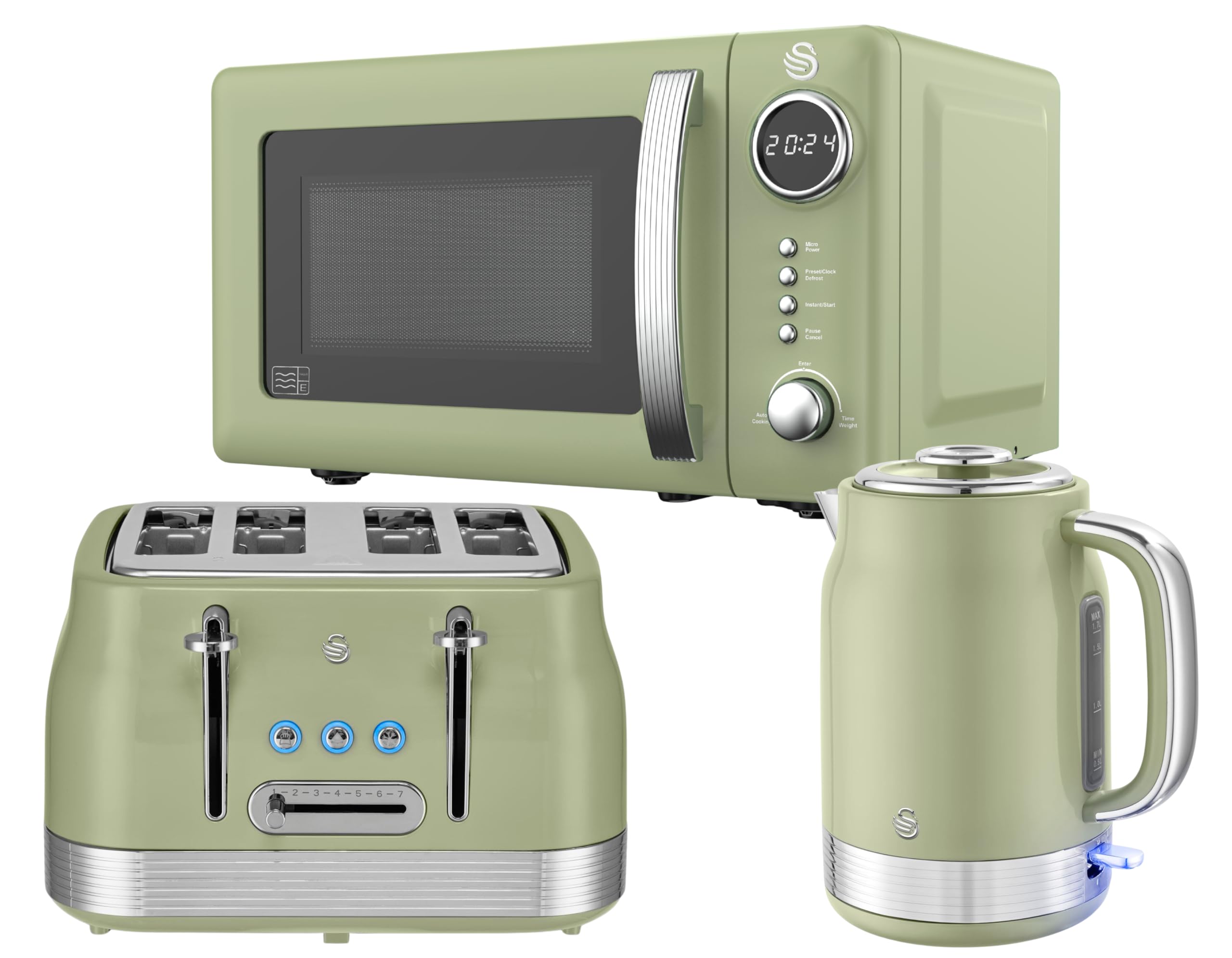 Swan Retro Revive Green Kitchen Appliance Bundle – 1.7L Rapid Boil Kettle, 4 Slice Toaster & 800W 20L Digital Microwave, Retro Gloss Finish with Chrome Accents