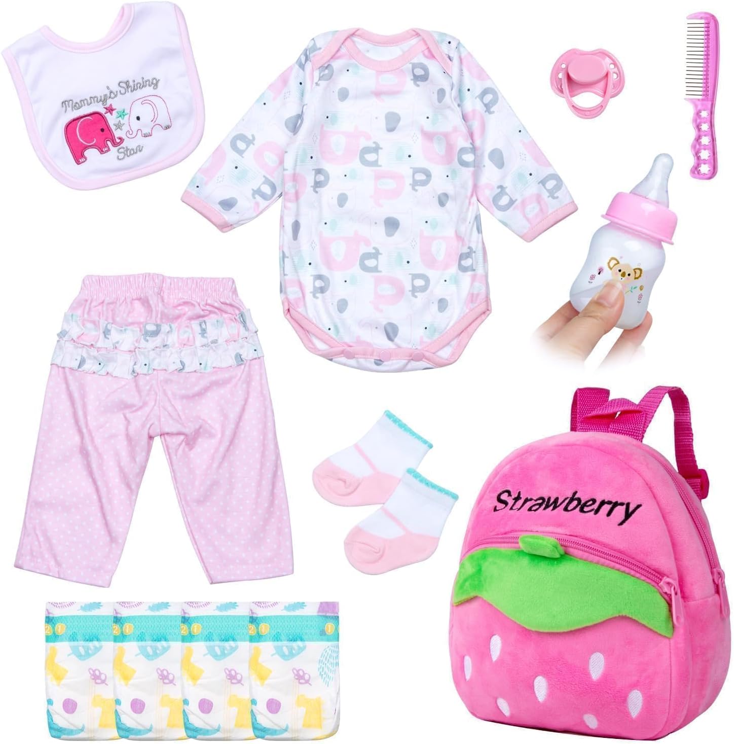 12 Pcs Reborn Baby Doll Clothes for 18-22 Inch Babydolls, 20 inch Reborn Baby Doll Accessories with Pink Strawberry Backpack for Realistic Dolls Girl
