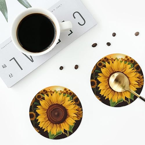 Miniatura 5 de Hermoso juego de 4 posavasos de cuero con estampado de girasol, impermeables, antiquemaduras, para sala de estar, mesa de café de 4 pulgadas