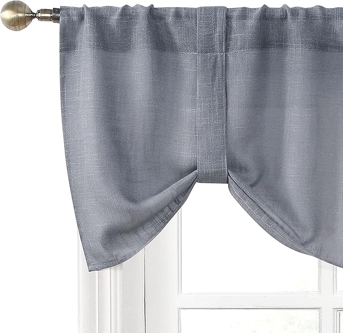 Home Queen Grey Tie Up Valance for Kitchen, Semi Sheer Linen Look
