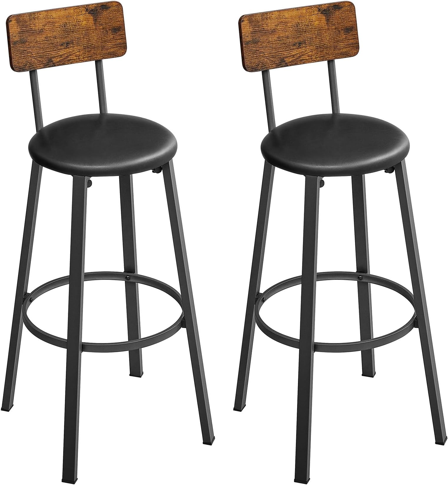 VASAGLE Bar Stools, Set of 2 PU Upholstered Breakfast Stools, Counter Height Stool, Footrest, Simple Assembly, Industrial, for Dining Room Kitchen Counter Bar, Rustic Brown and Classic Black LBC069B88