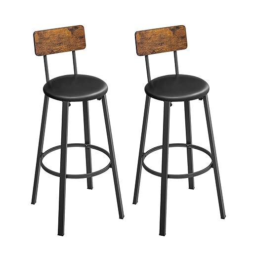 VASAGLE Bar Stools Set of 2 Bar Stools PU Cover with Footrest Easy Assembly Industrial Design Dining Kitchen Counter Bar Vintage Brown Ink Black LBC069B81