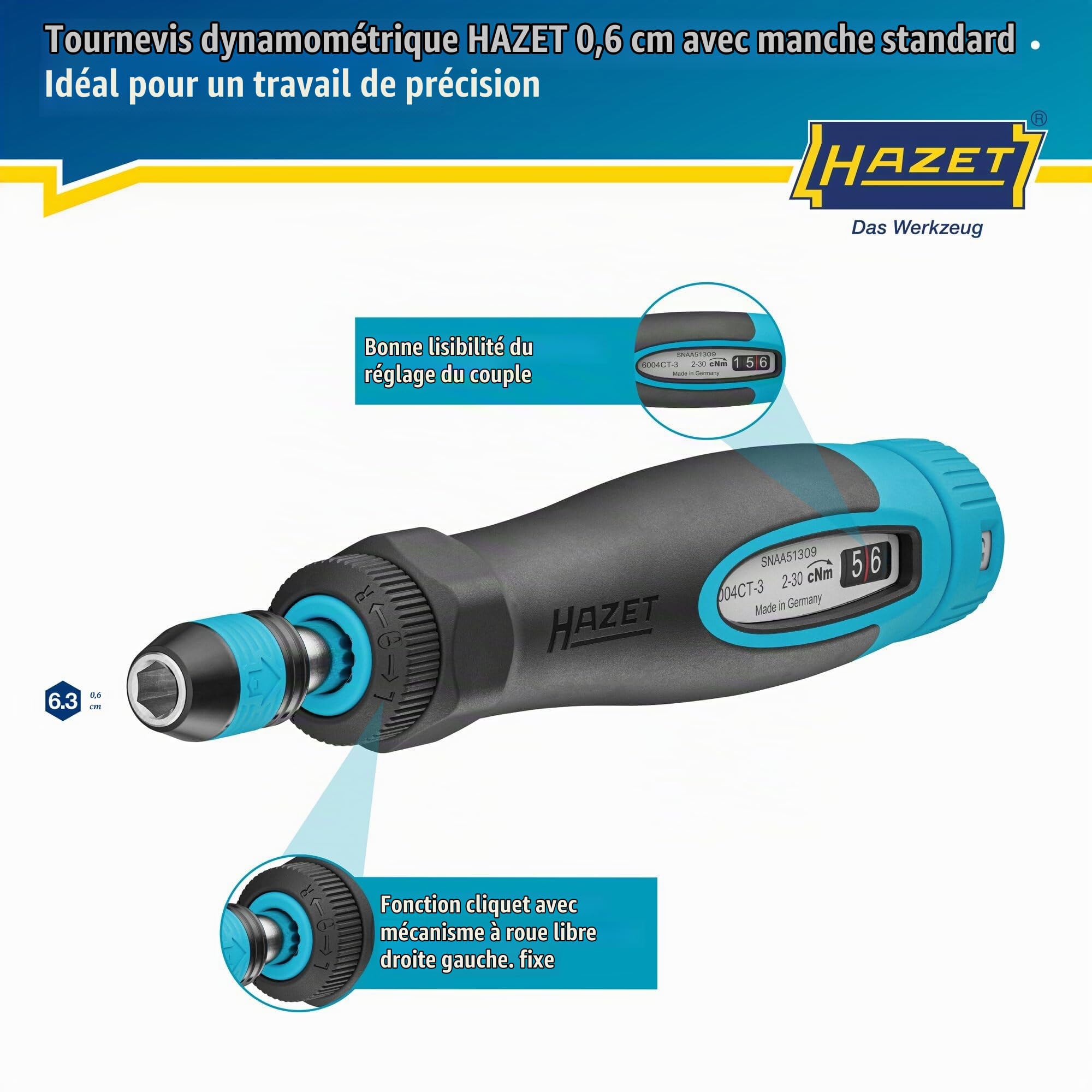 HAZET Tournevis dynamométrique 6004CT-3, 1/4" avec poignée standard, 0,02-0,3 Nm, précision 6%, longueur 196 mm, réversible droite/gauche, mécanisme roue libre'