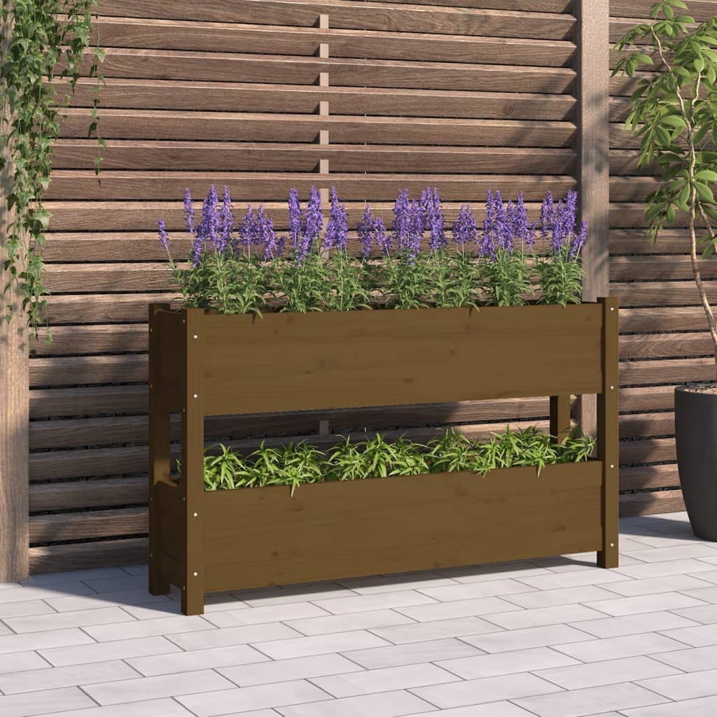 Jardinera de madera maciza de pino marrón ámbar 112 x 25 x 66 cm con 2 macetas, jardinera elevada para jardín, balcón o patio, estructura estable para plantas, flores, hierbas aromáticas,