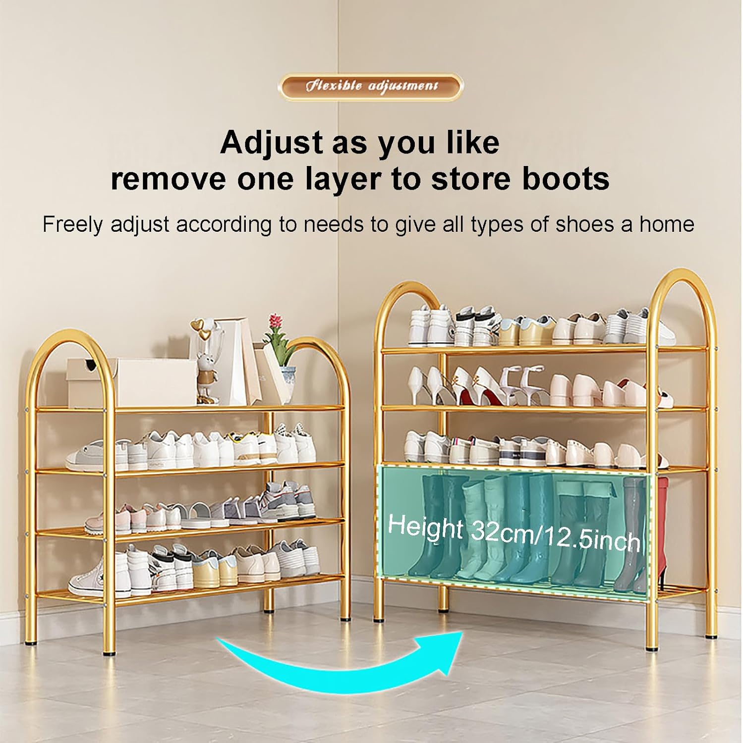 6 Tiers Metal Shoe Rack,Adjustable Shoe Organizer Sturdy Shoe Shelf Free Standing Shoe Storage Rack for Entryway Closet Bedroom,Holds 20-30 Pairs Shoes(60x23x50cm(24x9x20inch), Gold)