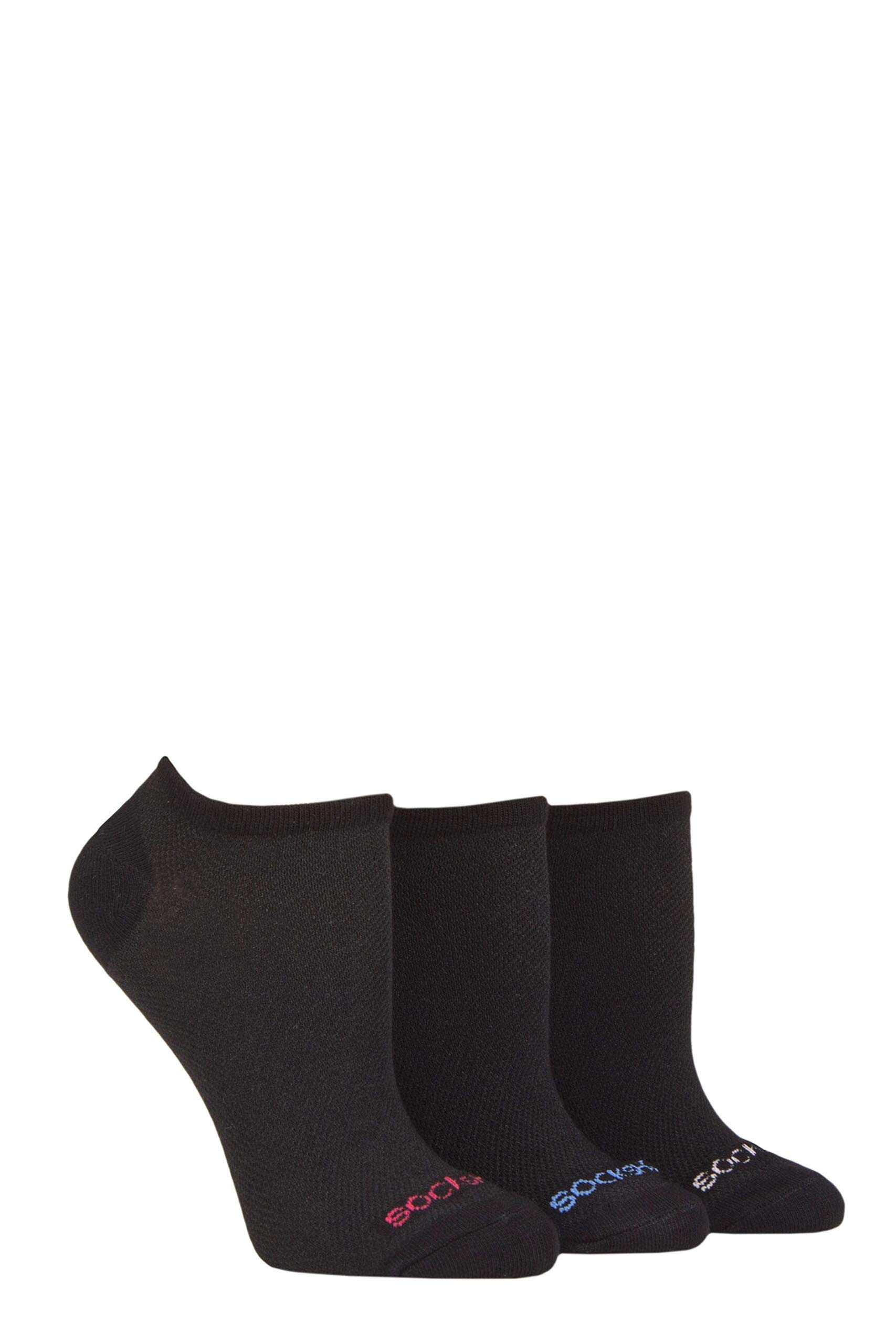 SockShop Ladies Striped, Plain and Mesh Bamboo Trainer Socks Pack of 3 Black Mesh 4-8