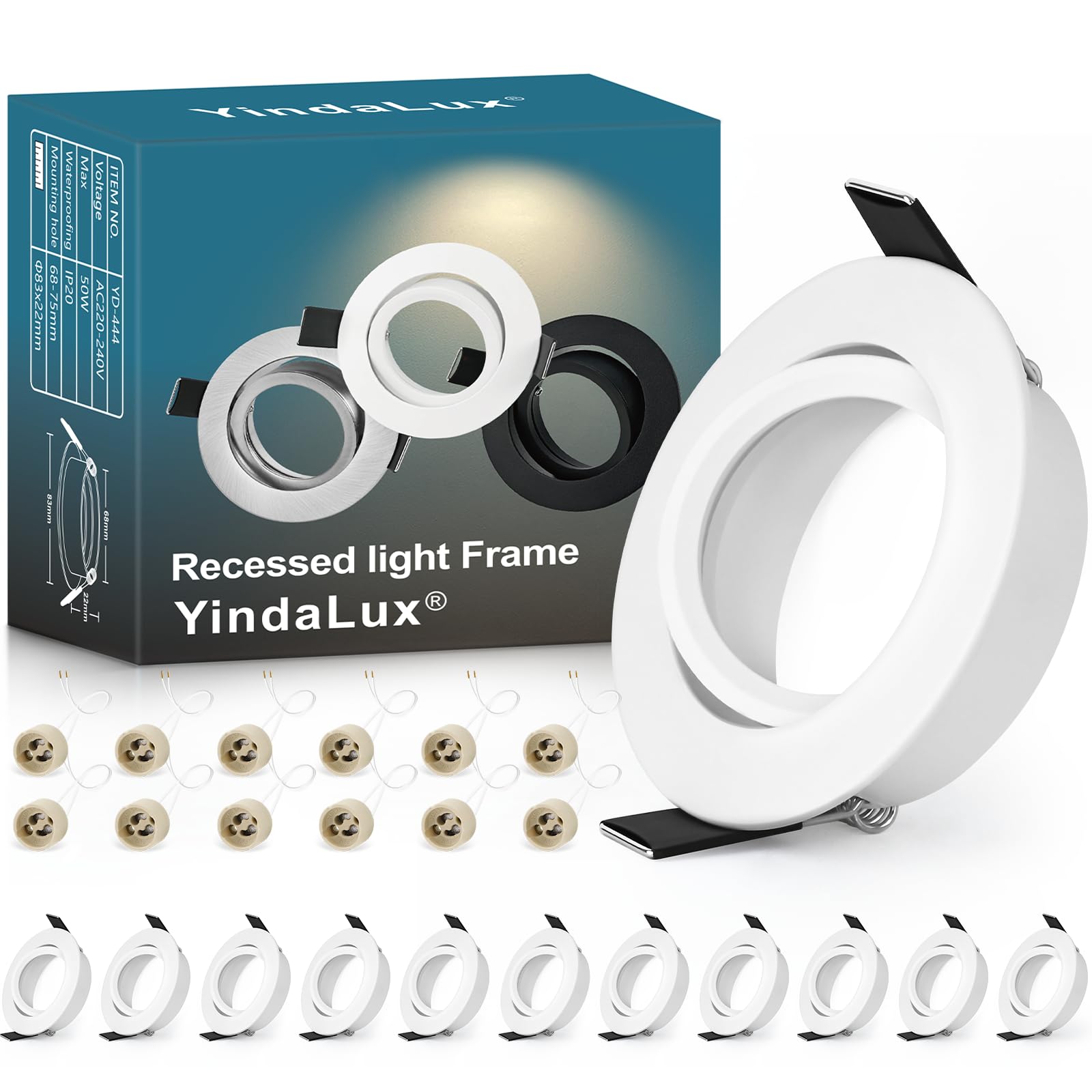 YindaLux 12 Pack GU10 Downlight Bezels White, 45° Adjustable Aluminium Recessed Spotlight Frames, 230V with GU10 Holder, Ø84mm, Cut-Out 68-75mm, Round Ceiling Spots, No Bulb