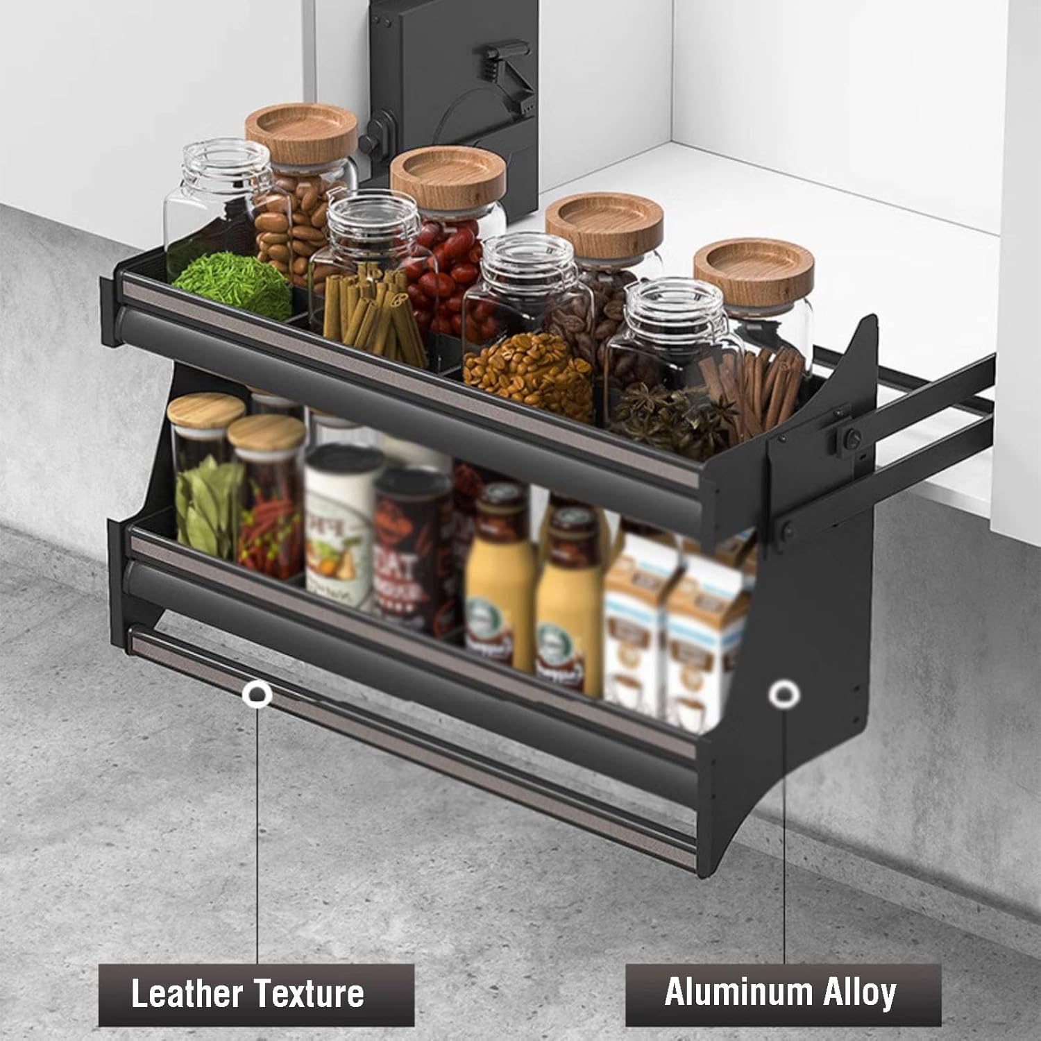 Pull-Down Cabinet Seasoning Rack,Upper Kitchen Storage Shelf,2-Tier Wall Shelving,Space Saving for Home Cafe Wall Cabinet,800mm