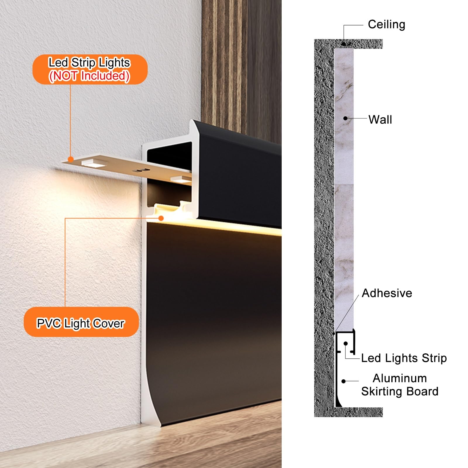 Briwooody 6-Pack LED Baseboard Molding Channels - 2.6ft White Skirting For Wall Lighting, DIY Ready