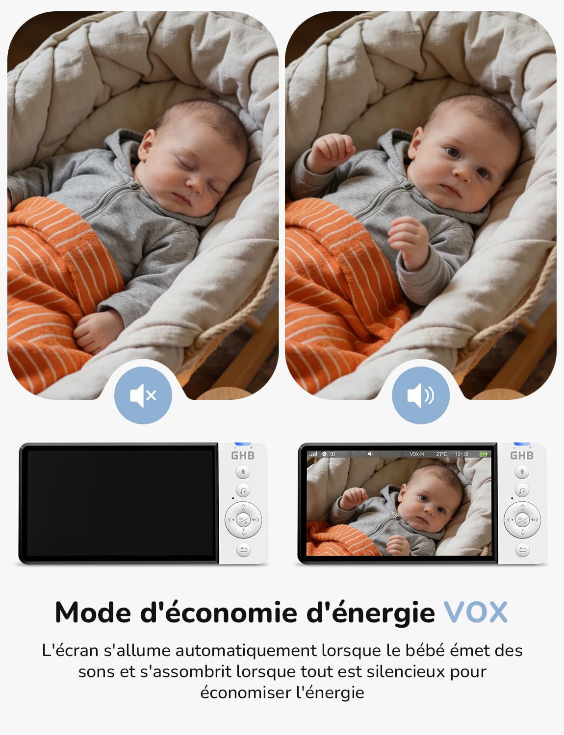 GHB Babyphone Camera Bebe Surveillance 5" 2,4 GHz 8 Berceuses Babyphones sans WiFi Baby Phone avec Camera VOX Mode Capteur de Température Communication Bidirectionnelle Vision Nocturne Non Rotation