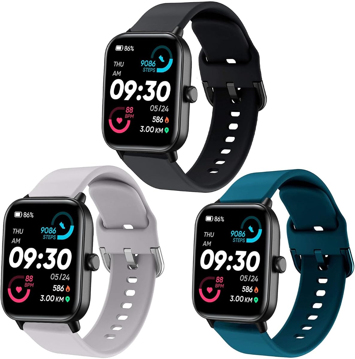 ViCRiOR Paquete de 3 correas de reloj de 22 mm compatibles con IDW13, IDW16, IDW19, correa de repuesto de silicona suave para reloj Fitpolo IDW13/Woneligo W13/FITVII HM57/TOOBUR IDW16/MILOUZ IDW19 para mujeres y hombres