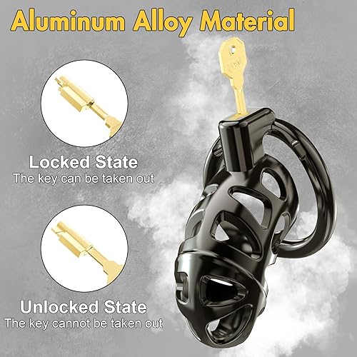 Miniatura 4 de Jaula de castidad de metal para machos, dispositivo de castidad grande bloqueado con 3 anillos de tamaños activos, 2 llaves y cinturón auxiliar