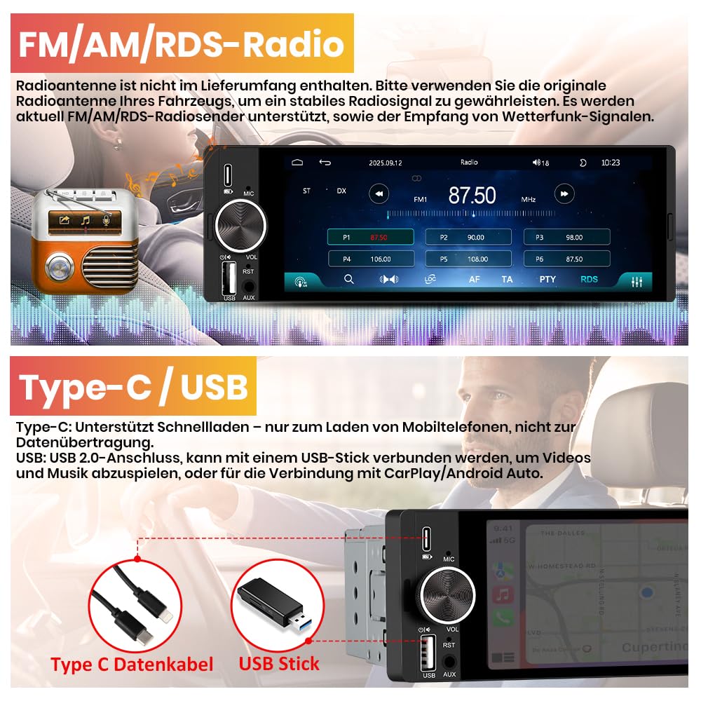 1 DIN Universales Autoradio, Carplay, Android Auto, Online-Navigation | 6,36 Zoll Touchscreen, RDS, Typ-C-Anschluss, USB-Anschluss, Bluetooth, Rückfahrkamera