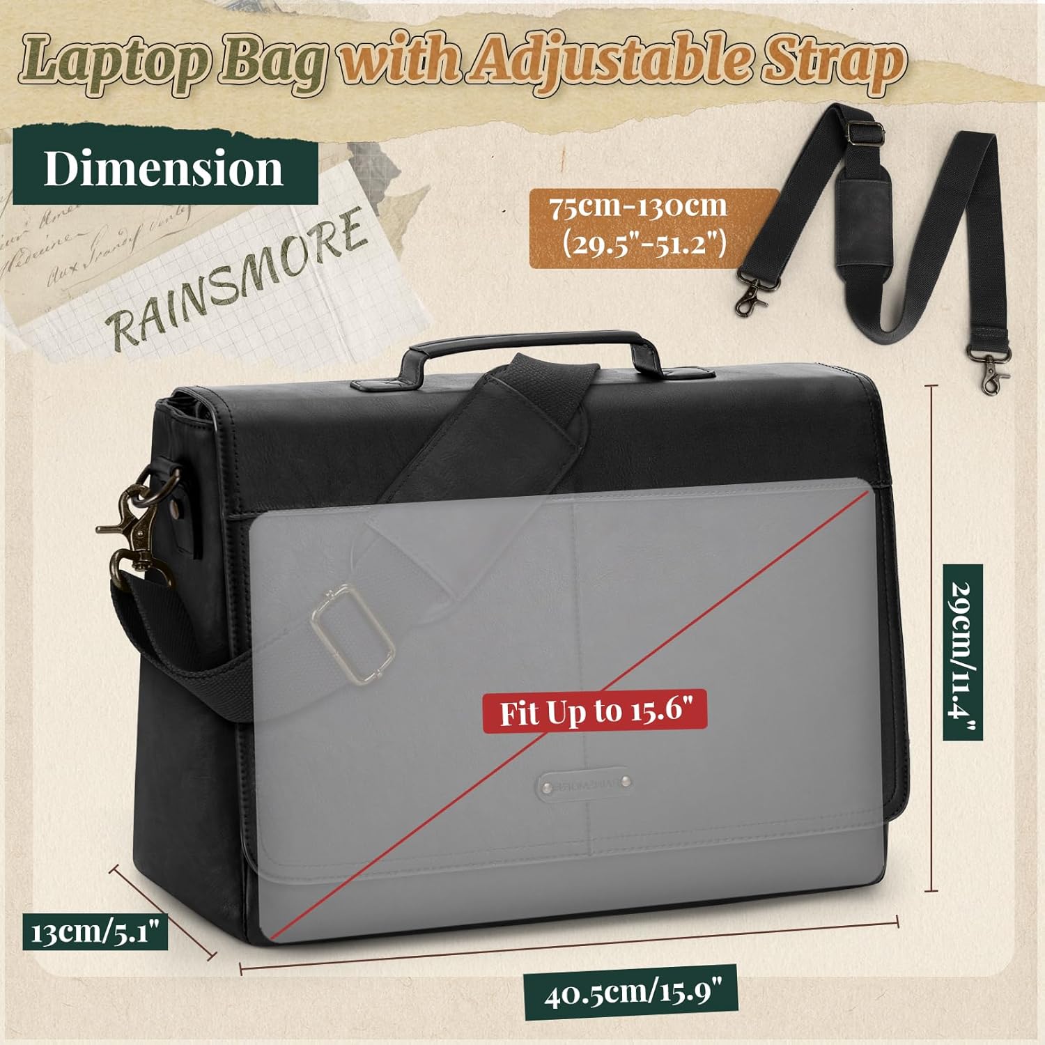 RAINSMORE Vintage Flap Messenger Bag for Men PU Leather Laptop Bag 15.6 Inch Mens Briefcase Waterproof Satchel Computer Bag - Image 7