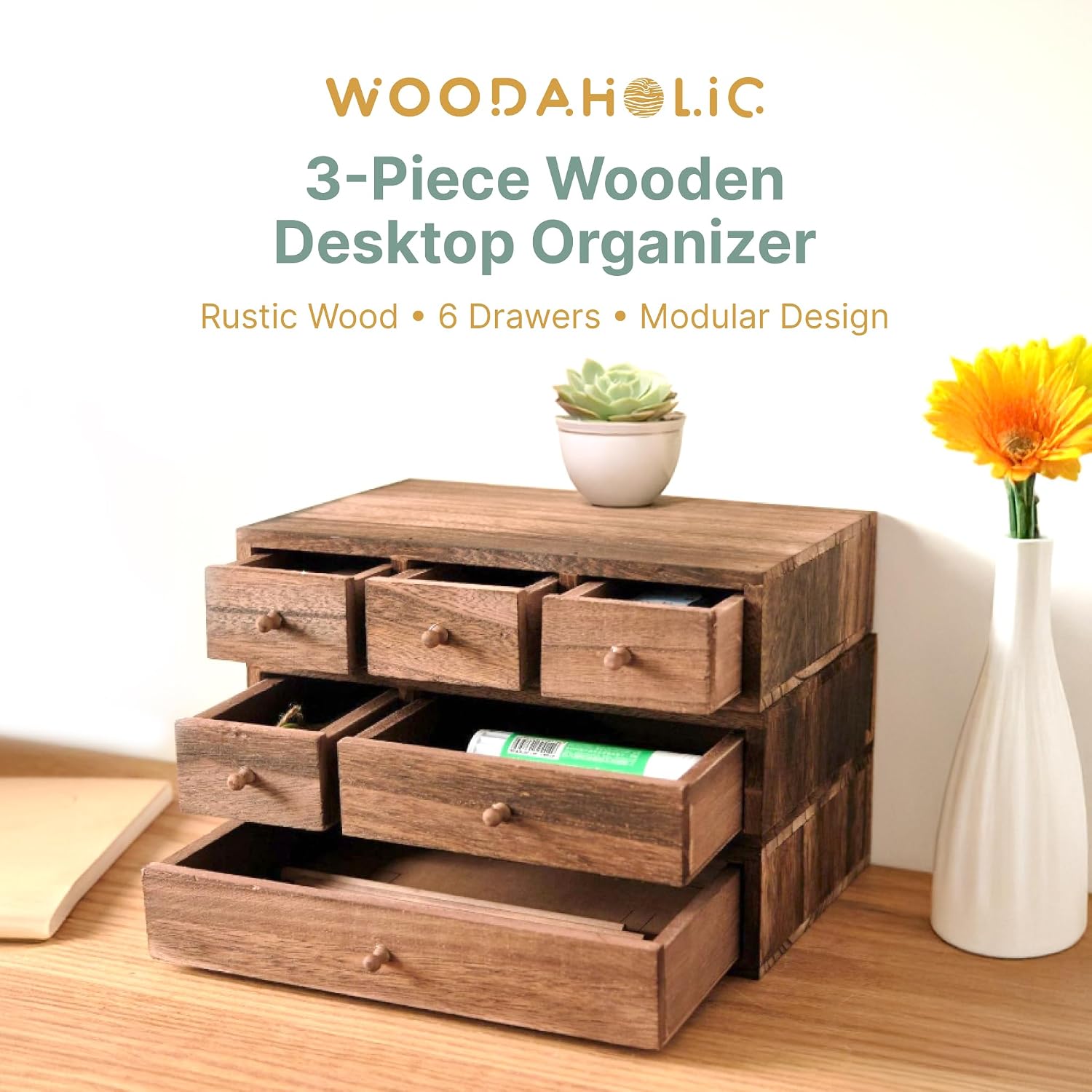 Stackable 3-Piece Set - Wood Desk Organizer with Drawers – Desktop Organization for Office, Crafts, Makeup, Sewing, Emboridery DMC Floss & Small Accessories – Rustic Storage Box with 6 Slots image 5