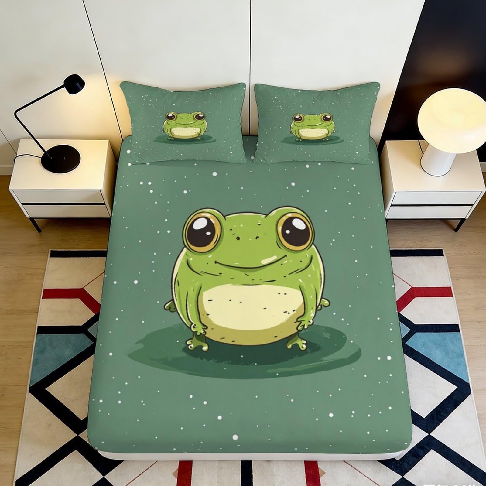 3D Printed Cartoon Frog Fitted Sheet Microfiber Green Cute Animal Mattress Cover for Bedroom Dorm Decor 90x200x25cm