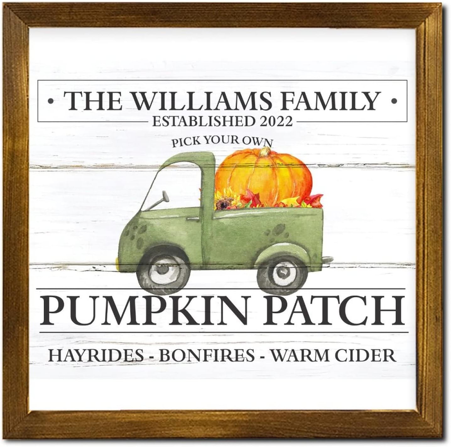 Personalized Name Pumpkin Patch Green Truck Wood Framed Signs Maple Leaves Wall Sign Farmhouse Autumn Harvest Wood Hanging Wall Art Decor for Front Door Entryway Porch Bar Pub Party 12x12 inch