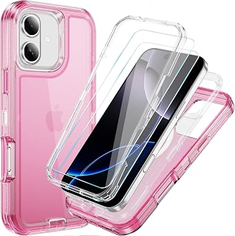 Compatible with iPhone 16 Plus Case with HD Screen Protector, Heavy Duty Shockproof [3 in 1] Clear Phone Cases for iPhone 16 Plus 6.7" Pink