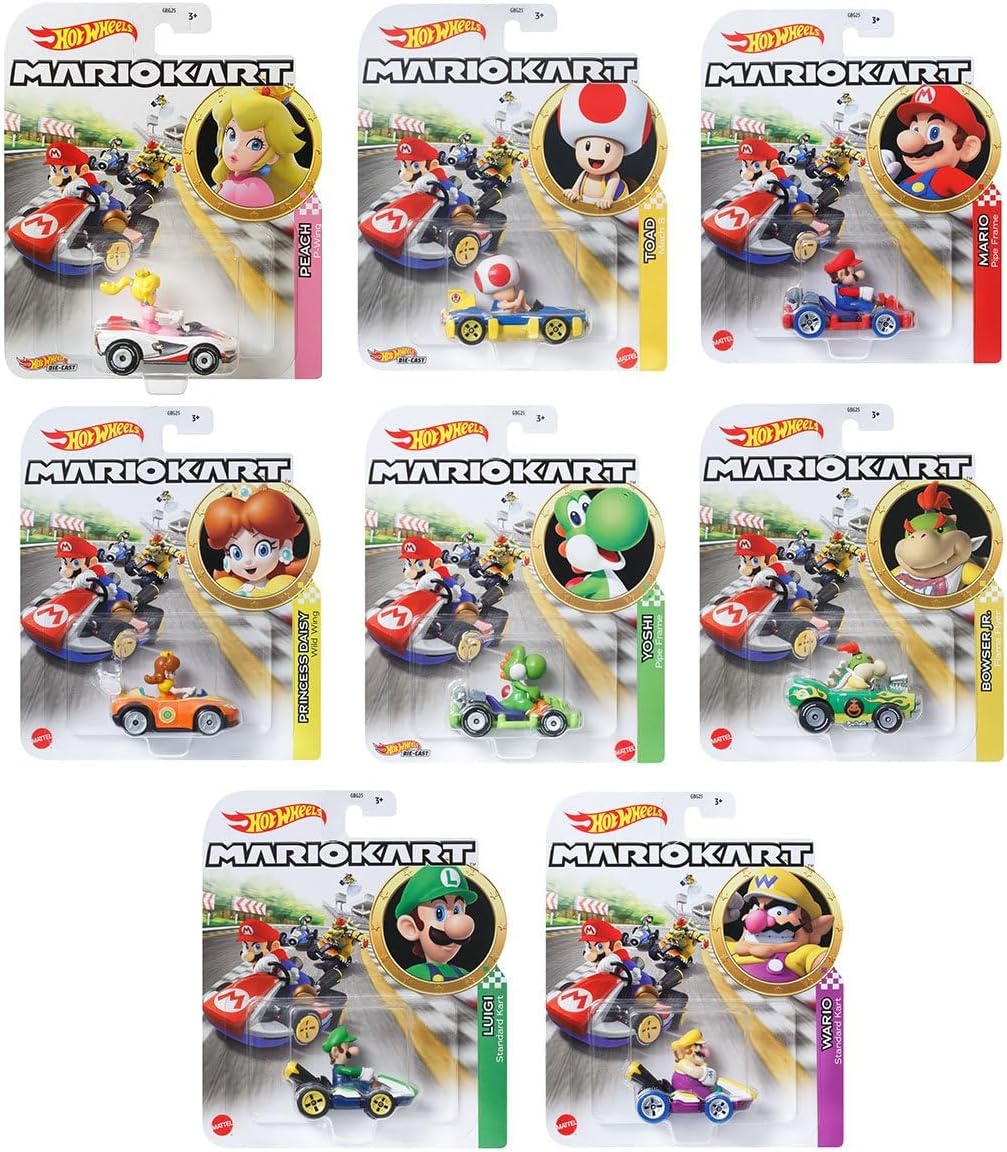 Hot Wheels Mario Kart Die-Cast Character Cars Collection, Bundle of 8, Nintendo Gaming Vehicles GBG25-957M