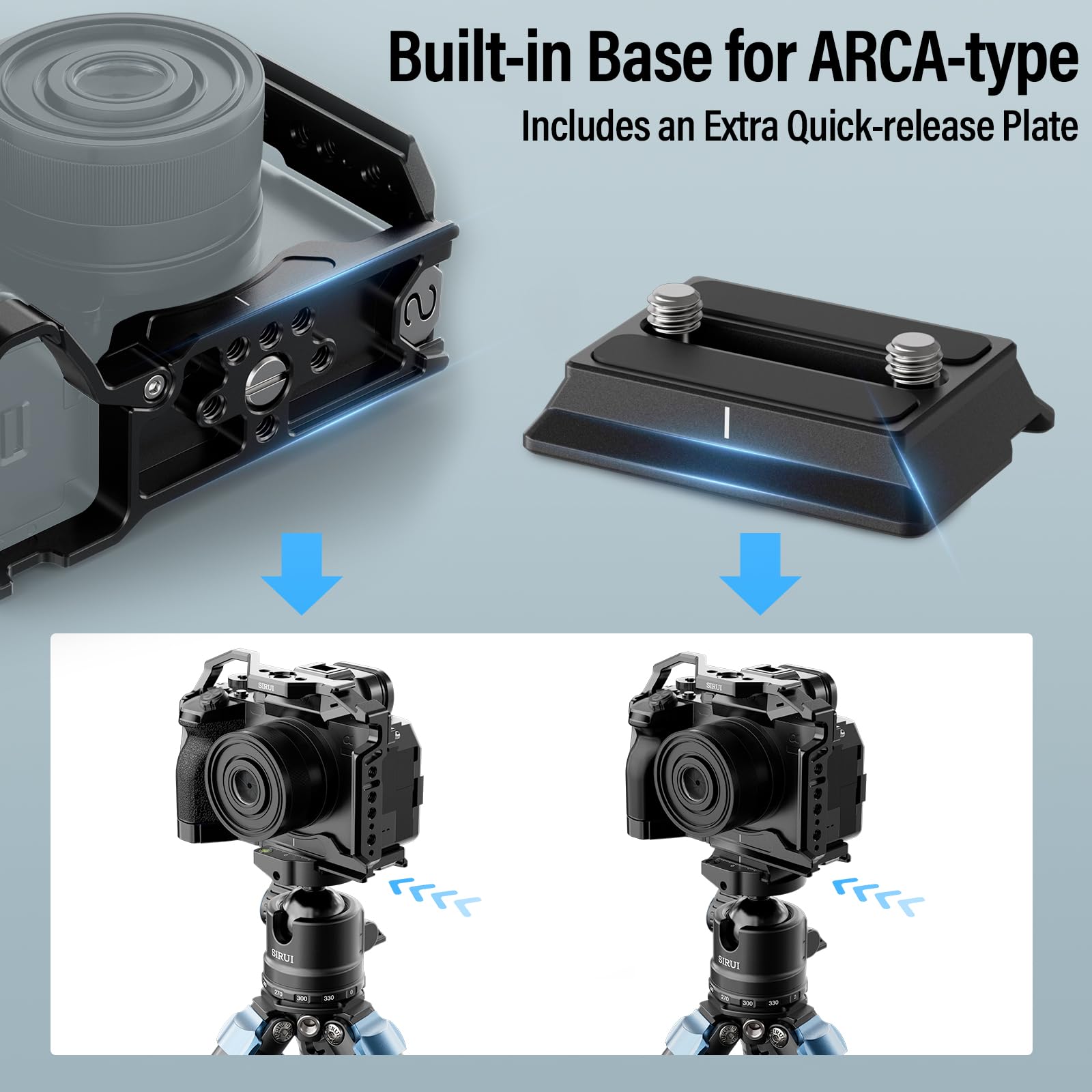 SIRUI Gabbia per Fotocamera Alpha 7R V, Alpha 7 IV, Alpha 7R IV, Alpha 7 S III, Alpha 1 con Piastra QR 2 in 1 per Arca, Gabbia Fotografica Completa con Manfrotto Buit-in Arca-Type Base, AM-A7-CT