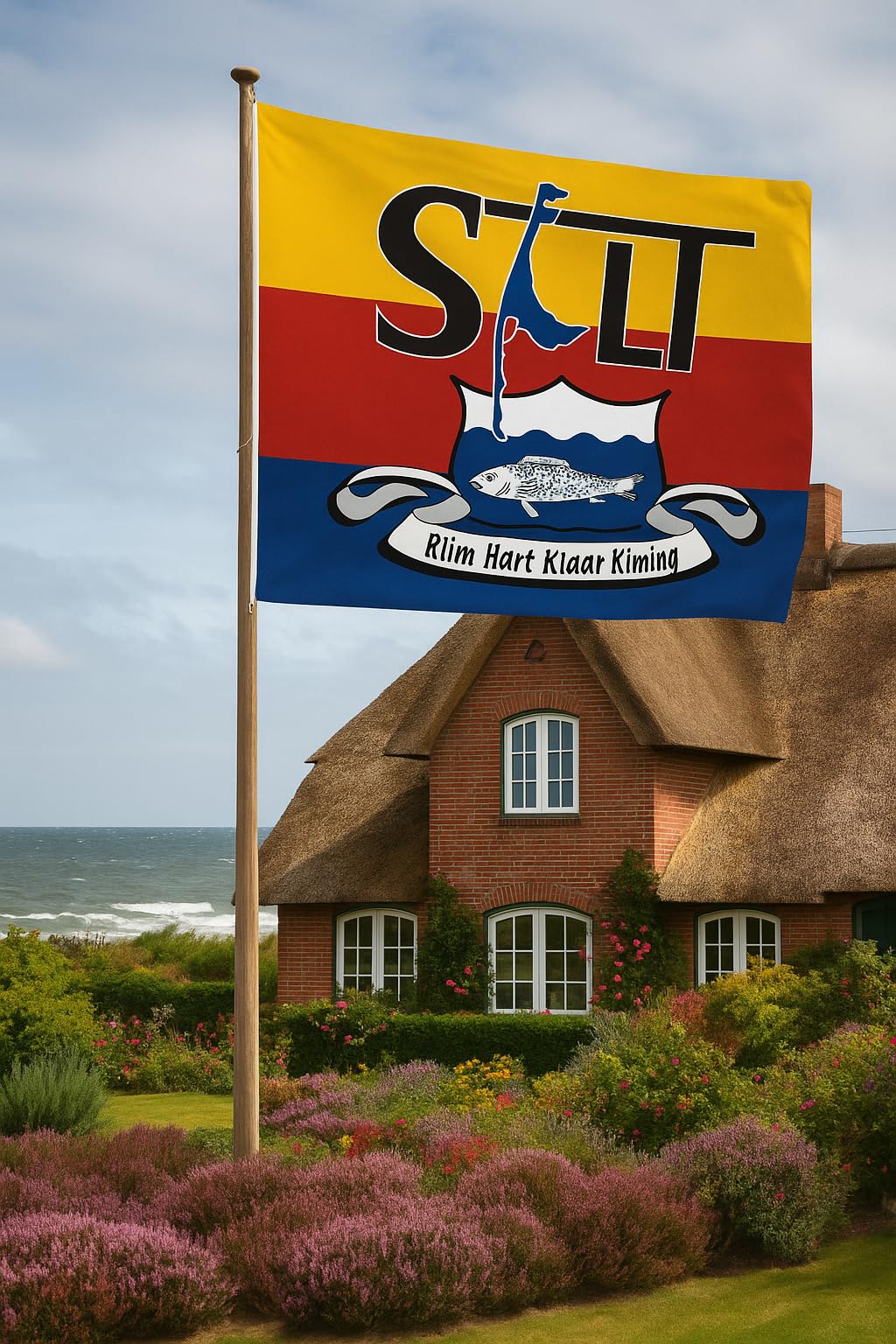 Flaga Sylt – "Rüm Hart Klaar Kiming" z herbem, napisem i motywem wyspy Ultra ściereczka do flagi okrętowej / 120 x 80 cm