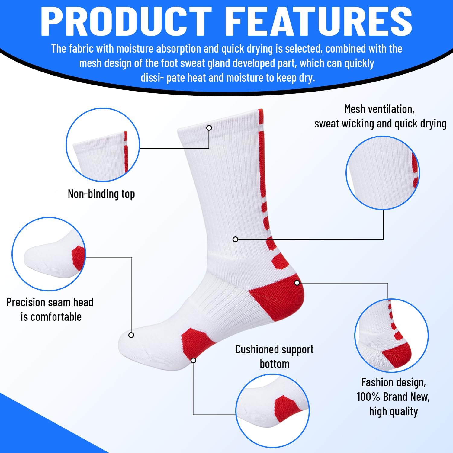 VNG Cushioned Athletic Crew Socks for Men Sizes 9-12, Light Compression Secure Fit Moisture-Wicking Sports Performance - Image 6