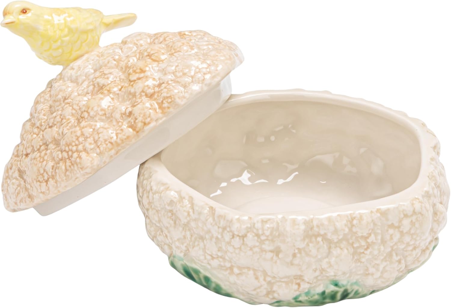 Creative Co-Op Stoneware Cauliflower-Shaped Container with Lid and Bird, White, Yellow and Green