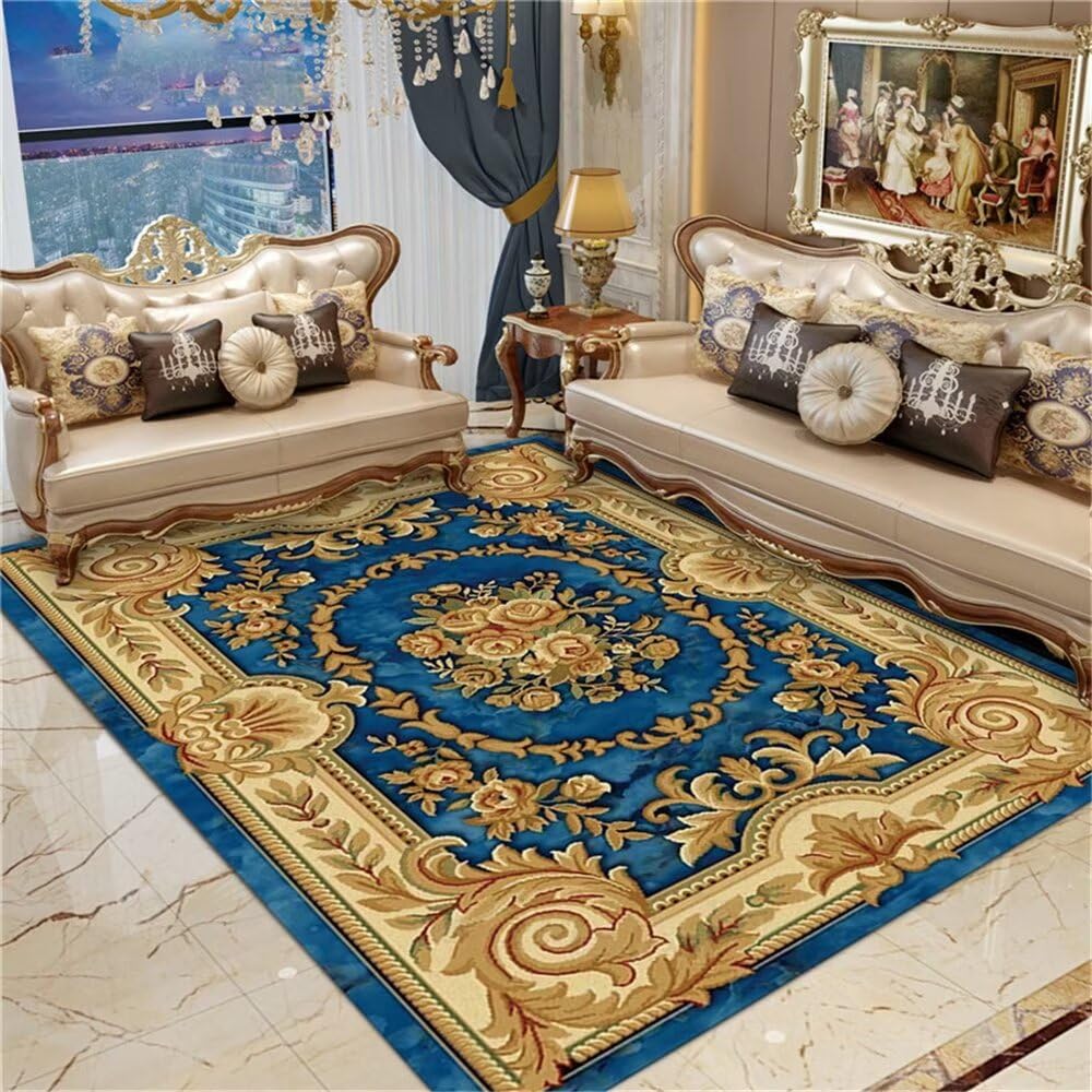 Grand tapis de salon vintage bleu motif floral jaune moquette intérieure 160x200