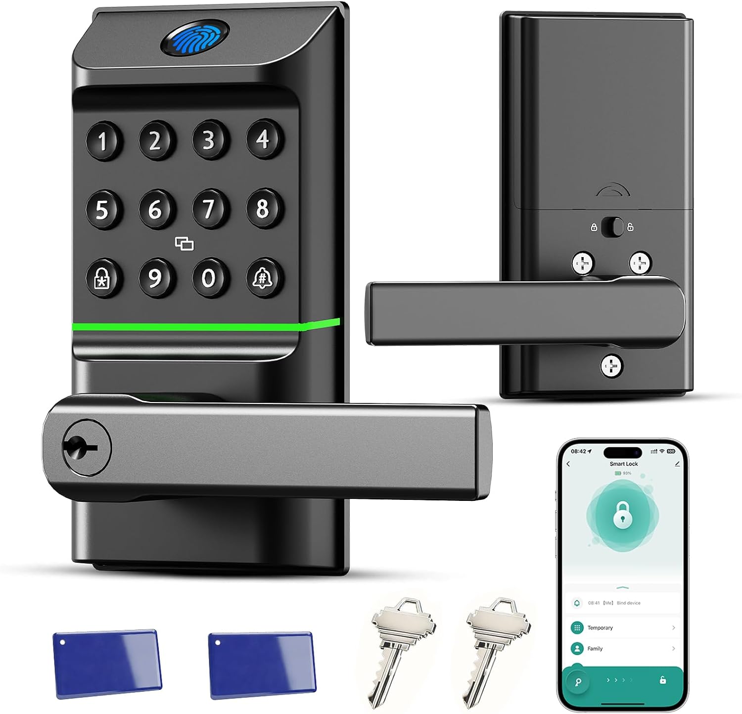 D10 Fingerprint Door Lever Smart Door Handle Lock with Keypad | Keyless Entry for Front Door, 100 Fingerprint, 254 Passcodes, 2 Keys, Auto-Lock, One-Touch Lock, Passage Mode, Backlit Keypad