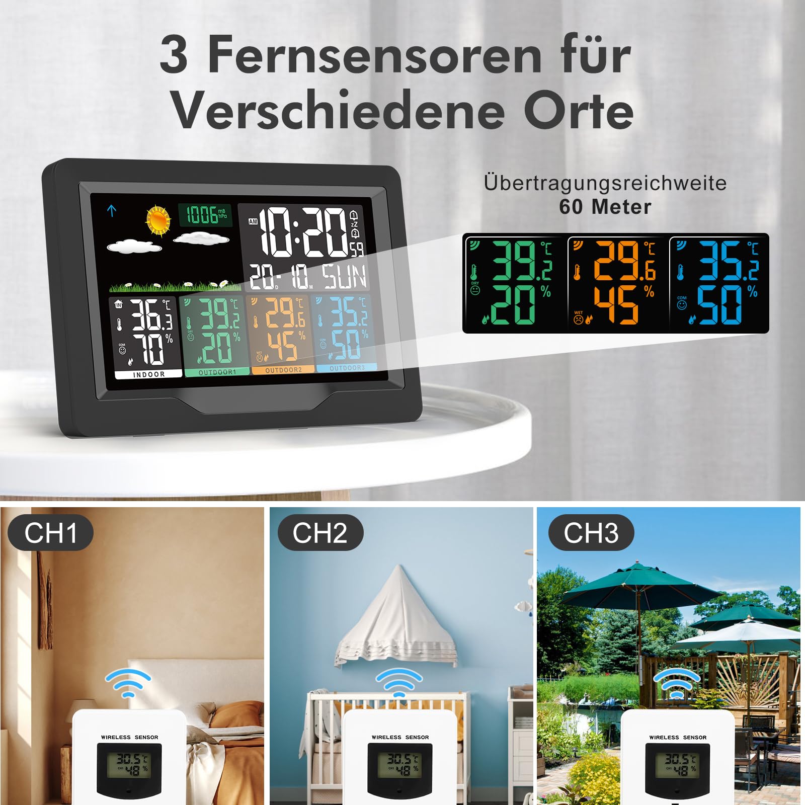 jely Wetterstation Funk mit 3 Außensensor Farbdisplay Funkwetterstationen Innen Thermometer Hygrometer Außen Termometerstation Funk Wetterstation mit Wettervorhersage, Temperatur, Luftfeuchtigkeit
