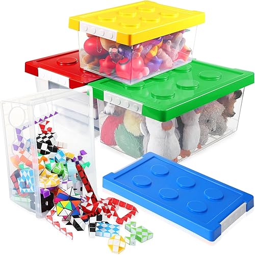 Paquete de 4 recipientes de almacenamiento de juguetes con tapas en forma de ladrillo caja organizadora de almacenamiento para niños contenedor