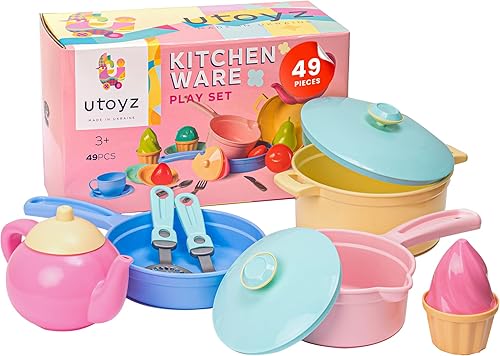TECHNOK Accesorios de cocina para niños Juego de 49 piezas de utensilios de cocina Ollas y sartenes de juguete grandes para niños de cocina Juego