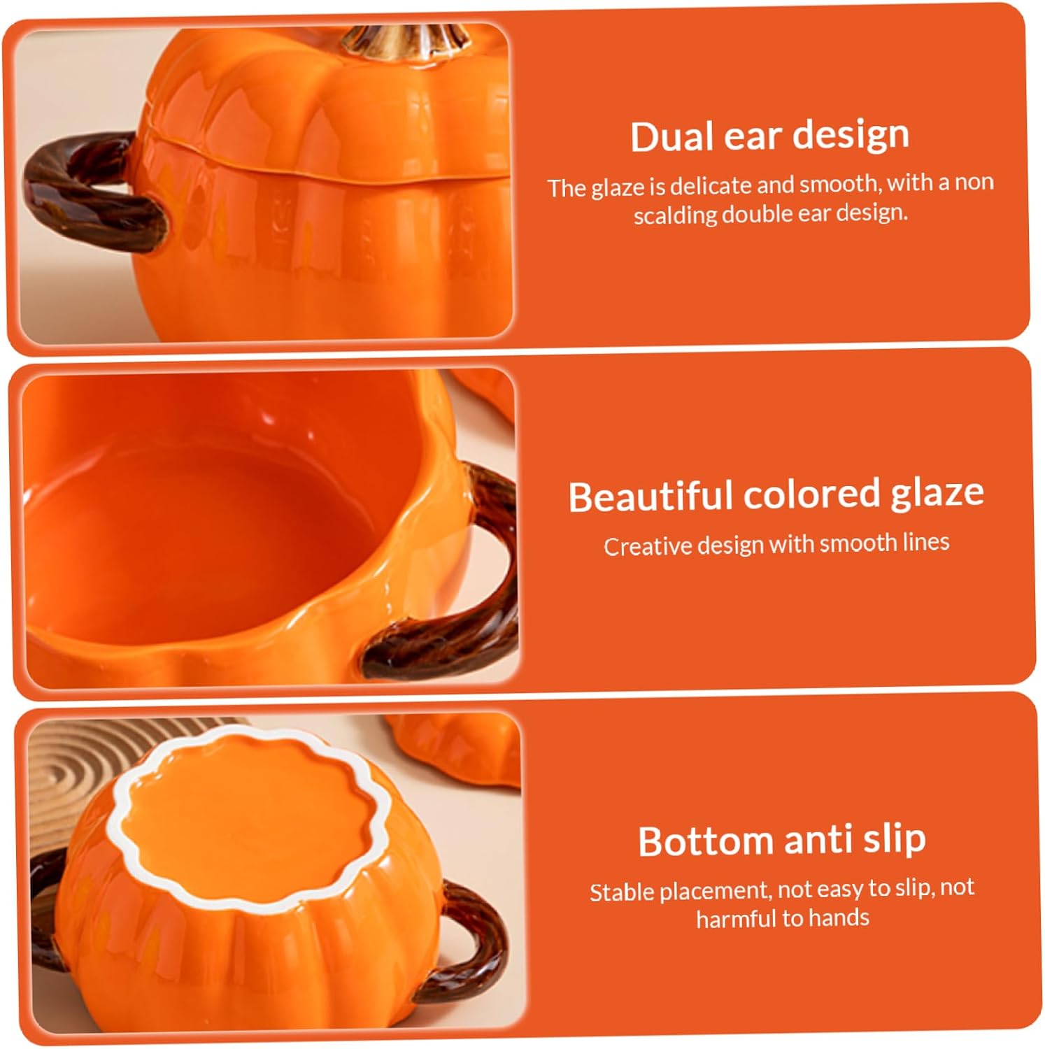 Pumpkin Bowl with Lid & Handle 1500ml Ceramic Pumpkin Soup Bowl Glazed Non-slip Safe Pot for Home, Fall, Thanksgiving, Halloween.