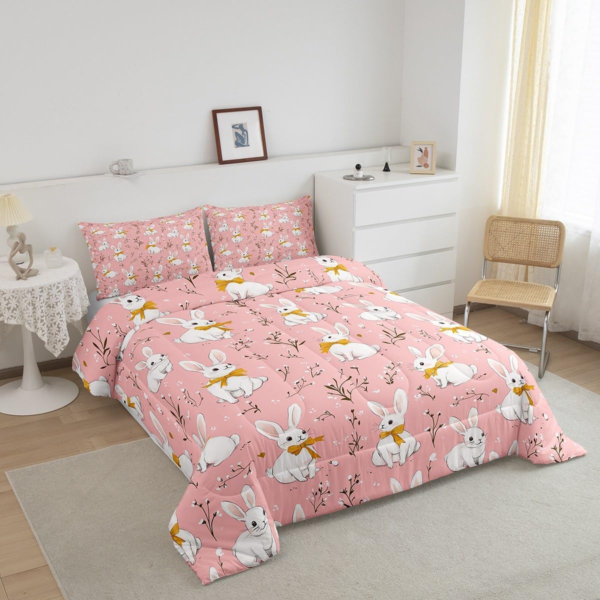 Feelyou Cute Rabbit Bedding Set Cartoon Bunny Pink Decor Comforter Set for Kids Boys Girls Lovely Little Floral Rabbit Comforter Botanical Animal Quilt Set Room Decor 3Pcs Full Size