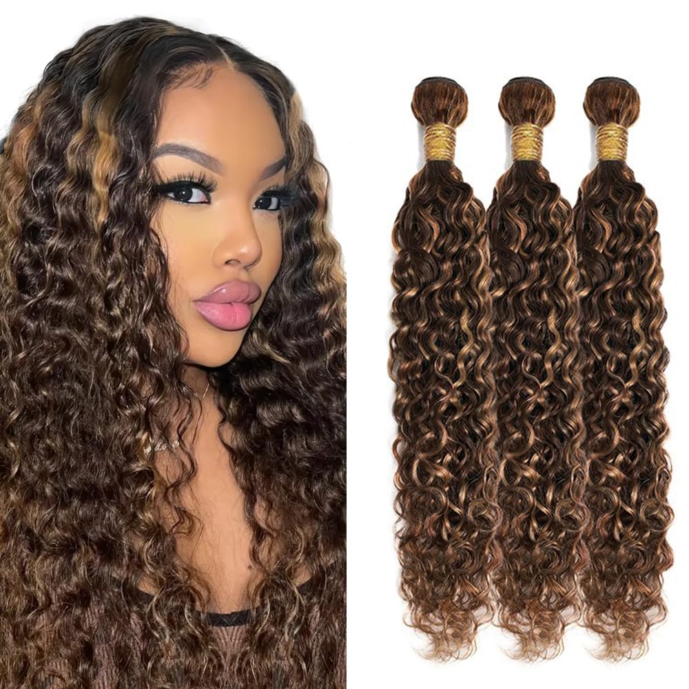 Creuost P4/30 Highlight Brown Color 28 30 32 Inch Human Hair Bundles Water Wave Real Natural Unprocessed Knotless Human Hair Extension For Woman 3 Bundles Total 300g