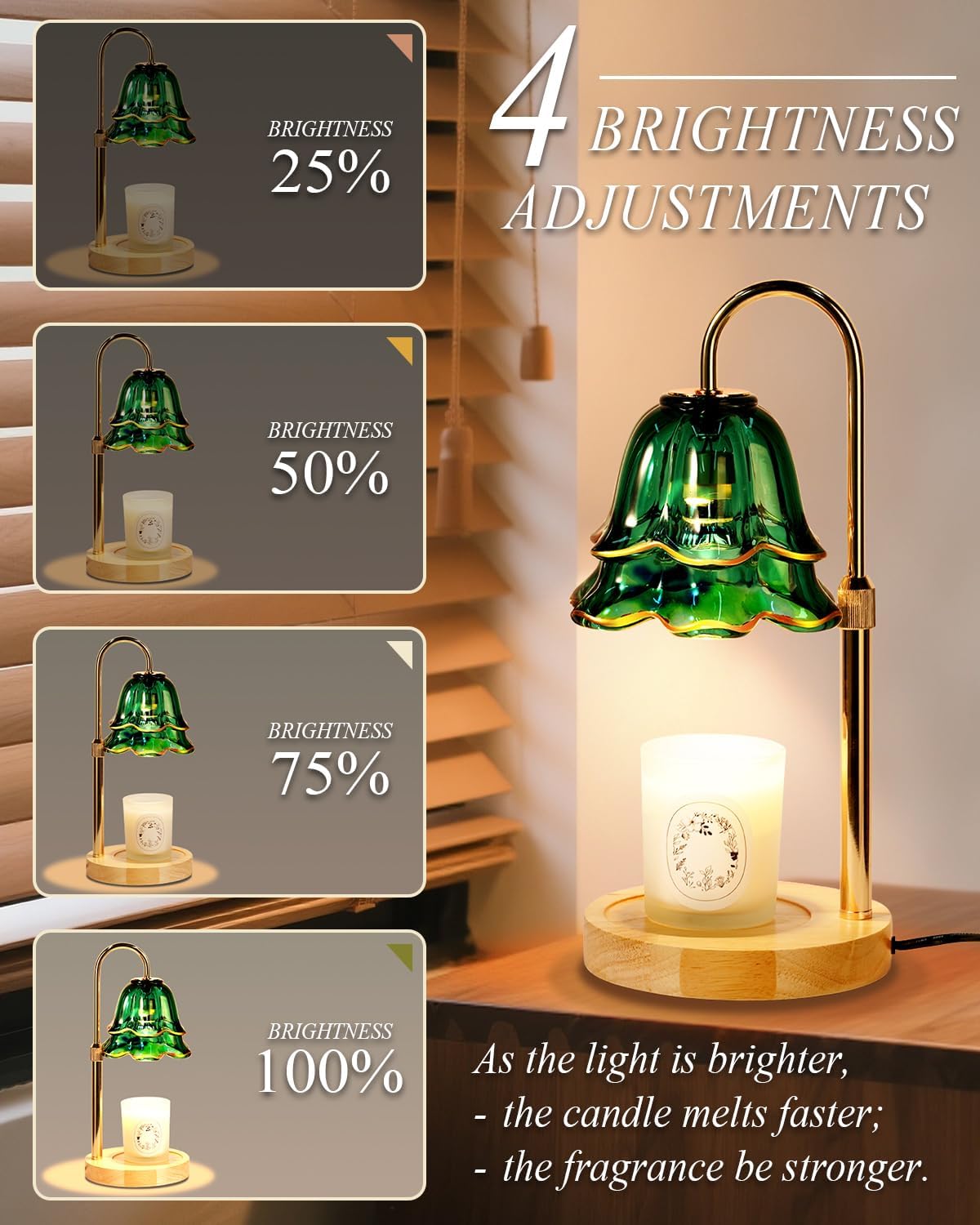 Flower Candle Warmer Lamp with Timer Dimmable Green, Adjustable Height Candle Warming Light, Wax Melt Warmer Candle Lamp for Jar Candles, Mothers Day Birthday Housewarming Gifts for Women Mom